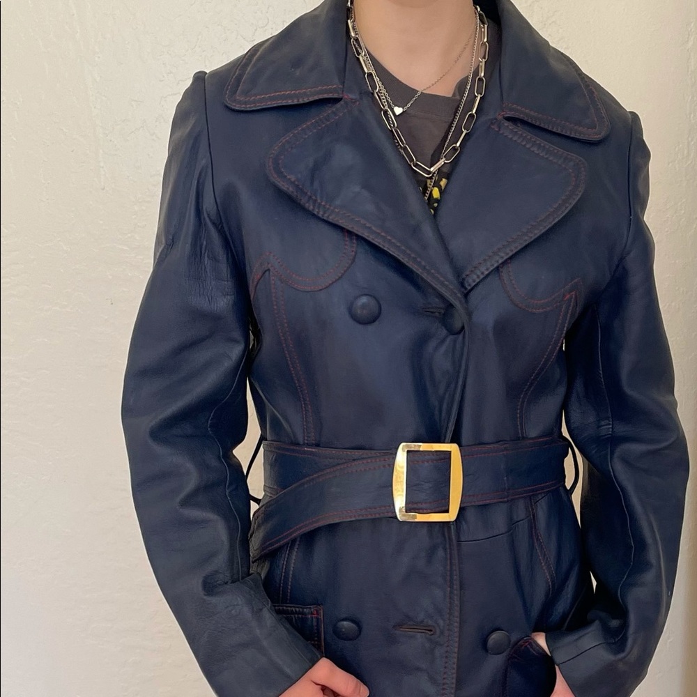 Vintage Blue Leather Trench Coat